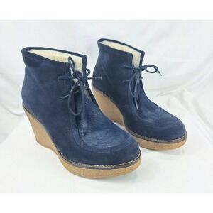 Boden Navy Blue Suede Calf Hair Wedge Ankle Boots Faux Fur Lined EUR 40 US 9